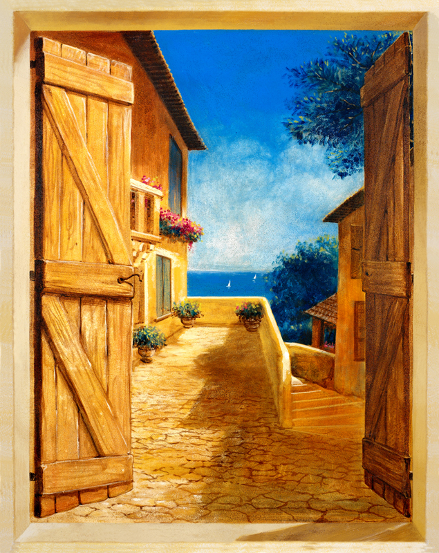 Trompe l'oeil PT 100850 - stuependa vista su Borgo medievale Marchigiano